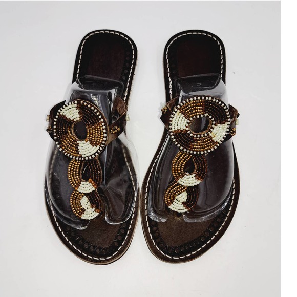 Chocolate Brown Boho Handbeaded leather flip flop flat sandals EU 37 US 6.5 9" L - Picture 1 of 8